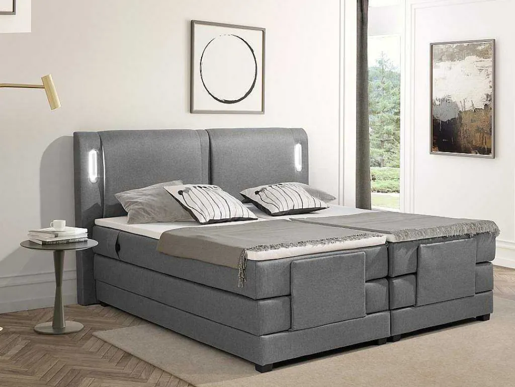 Set Boxspring + Hoofdbord Met Ledlampjes + Elektrische Relaxbedbodems + Matras + Topmatras - 2 X 90 X 200 Cm - Grijze Stof - Astemi Van-Palacio Online