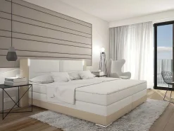 Set Boxspring En Matras Met Hoofdeinde Met Leds + Lattenbodem + Matras + Dekmatras Asti Van Ysmee - 160 X 200 Cm - Kunstleer - Creme Wit-Ysmée Hot