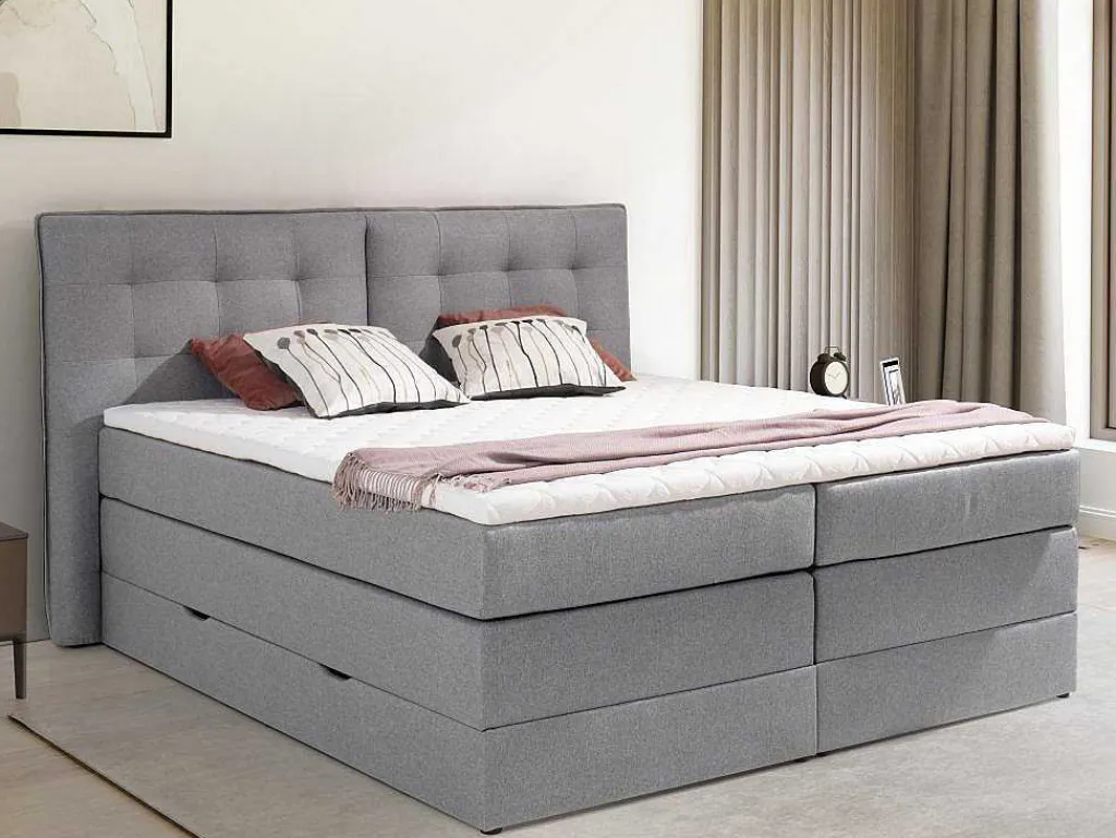 Set Boxspring Met Hoofdbord + Bedbodems Met Opbergruimte + Matras + Dekmatras - 160 X 200 Cm - Lichtgrijze Stof - Perama Van-Palacio Online