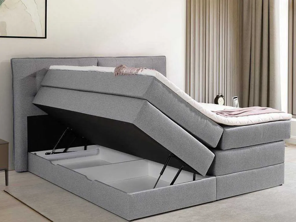 Set Boxspring Met Hoofdbord + Bedbodems Met Opbergruimte + Matras + Dekmatras - 180 X 200 Cm - Lichtgrijze Stof - Perama Van-Palacio