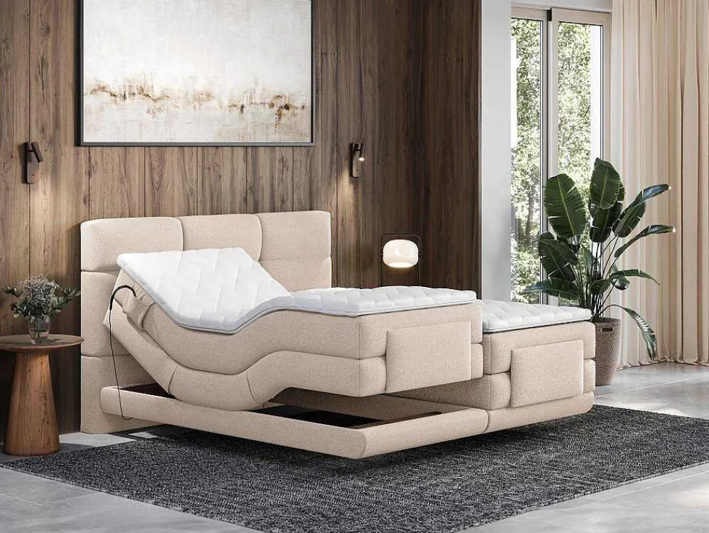 Set Boxspringbed Met Hoofdbord Met Capitons + Elektrische Relaxbedbodems + Matras + Dekmatras - 2 X 90 X 200 Cm - Beige - Lodi Van-Palacio Sale