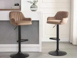 Set Van 2 Barkruk Van Velours En Zwart Metaal - Verstelbare Hoogte - Beige - Eleana-Vente-unique New