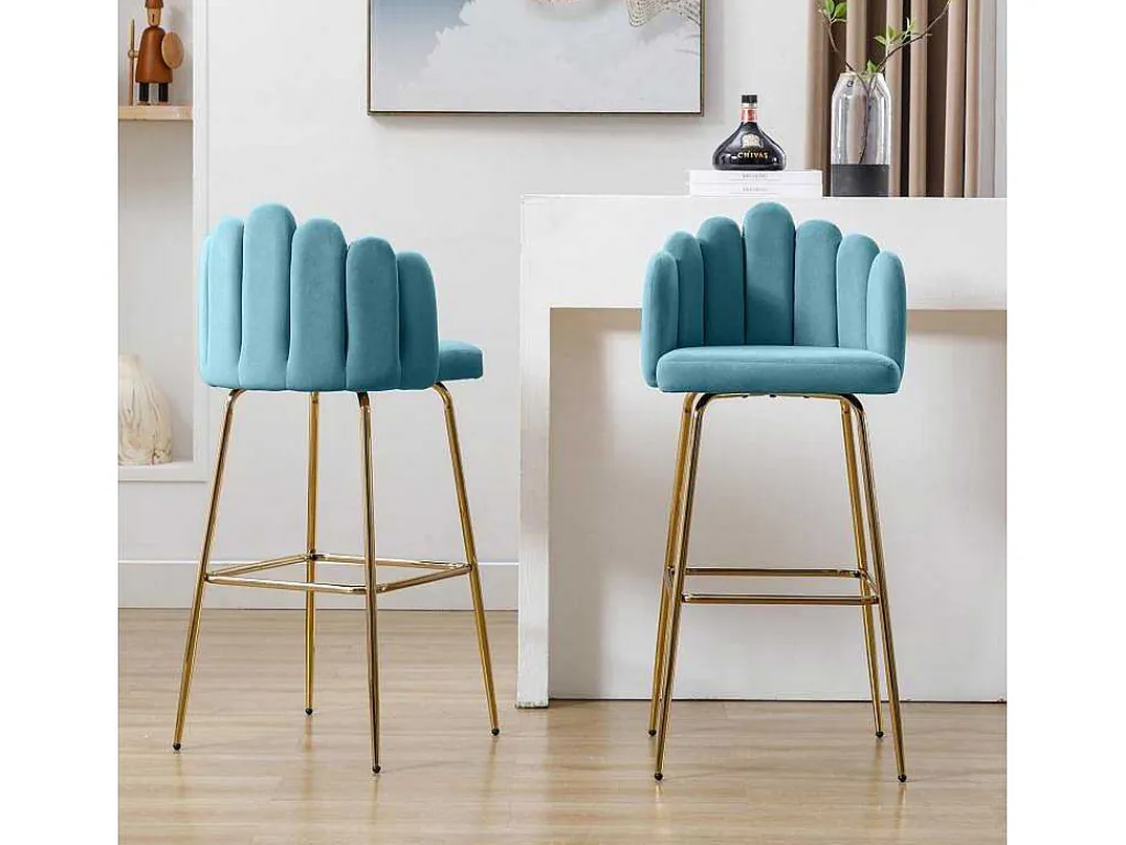 Set Van 2 Barkrukken - Fluweel En Metaal - Blauw-Vente-unique Hot