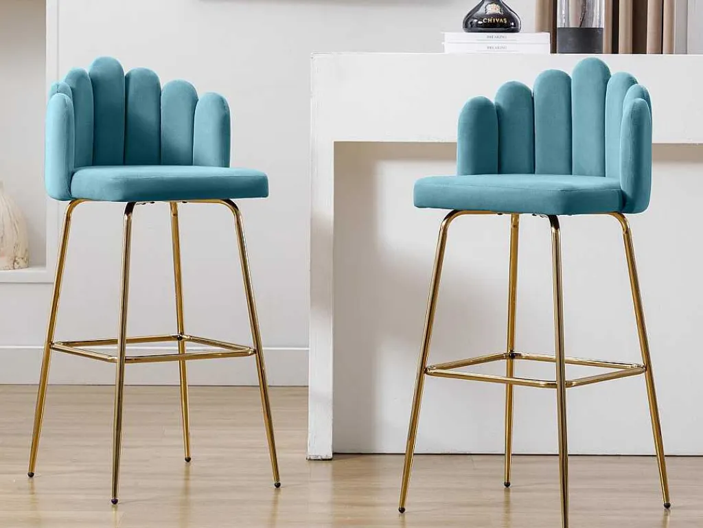 Set Van 2 Barkrukken - Fluweel En Metaal - Blauw-Vente-unique Hot