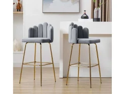 Set Van 2 Barkrukken - Fluweel En Metaal - Grijs-Vente-unique Sale