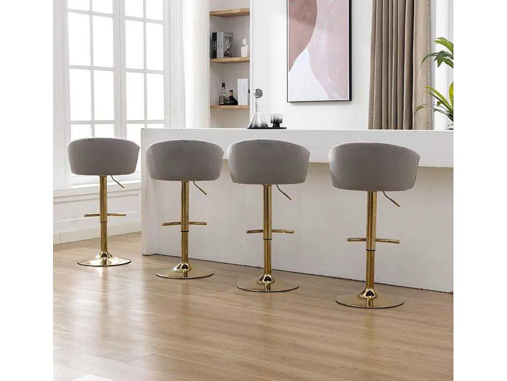 Set Van 4 Barkrukken - In Hoogte Verstelbaar - Fluweel - Grijs En Goud Metaal-Vente-unique Discount