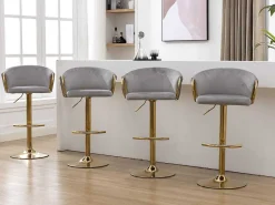 Set Van 4 Barkrukken - In Hoogte Verstelbaar - Fluweel - Grijs En Goud Metaal-Vente-unique Discount