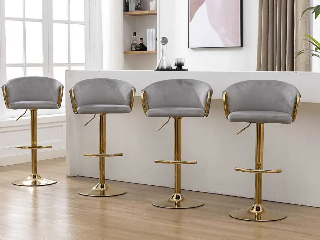 Set Van 4 Barkrukken - In Hoogte Verstelbaar - Fluweel - Grijs En Goud Metaal-Vente-unique Discount