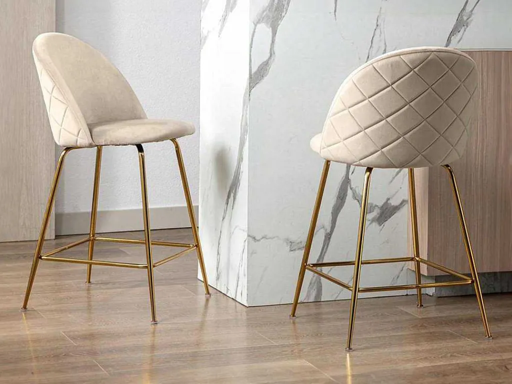 Set Van 2 Barkrukken Melbourne - Fluweel En Goudkleurig Metaal - Beige-Vente-unique Outlet