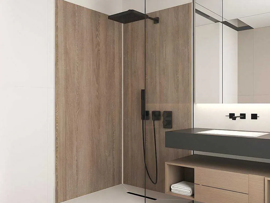 Set Van 2 Douchewandpanelen Met Houteffect Van Aluminium Met Profielen - 2 X L90 X H210 Cm Eneko-Shower & Design Online