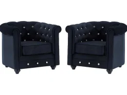 Set Van 2 Fauteuils Chesterfield - Fluweel - Zwart Met Kristallen Knopen-Vente-unique