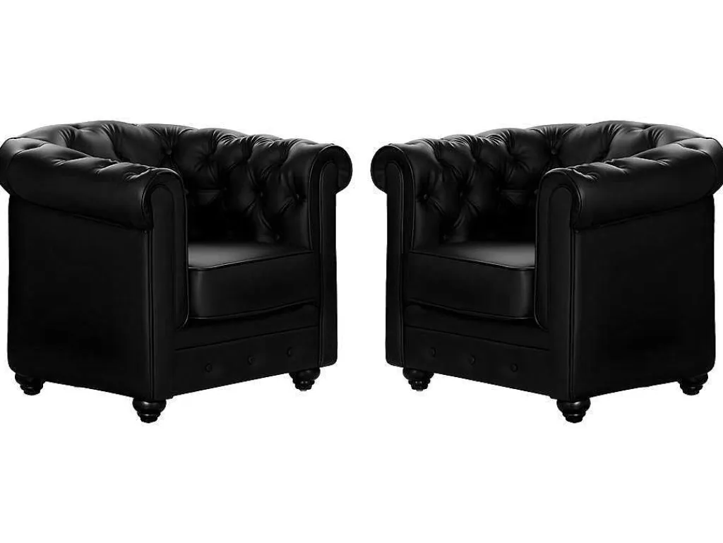 Set Van 2 Fauteuils Chesterfield Van Kunstleer - Zwart-Vente-unique New