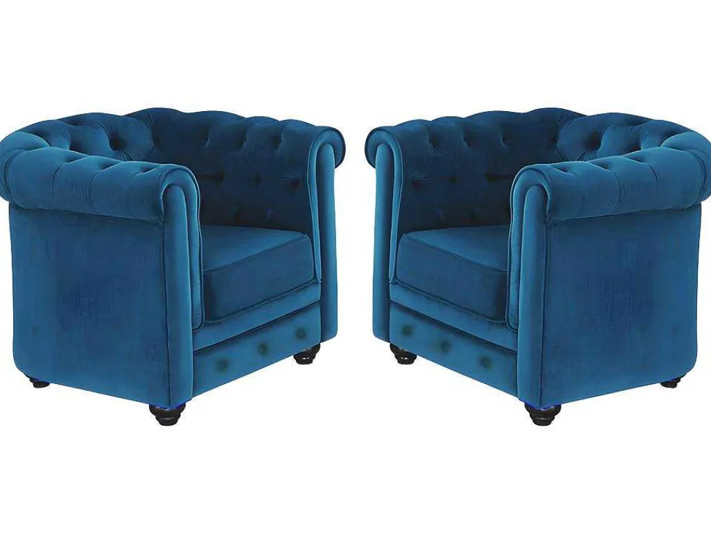 Set Van 2 Fauteuils Chesterfield - Fluweel - Eend Blauw-Vente-unique Clearance