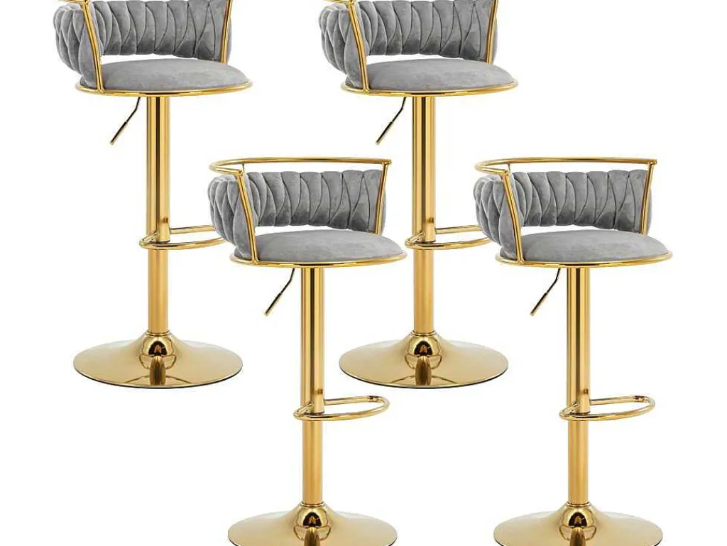 Set Van 4 Fluwelen Barkrukken - In Hoogte Verstelbaar - Grijs En Goudkleurig Metaal-Vente-unique Sale