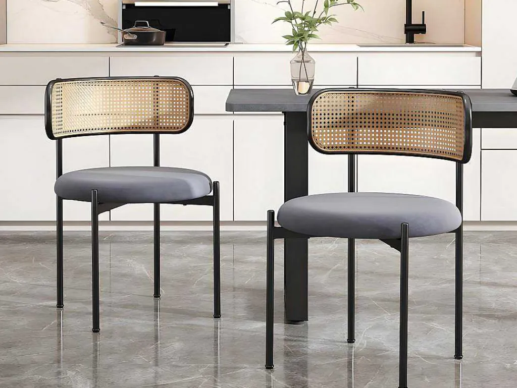 Set Van 2 Fluwelen En Rotan Stoelen - Metalen Poten - Grijs-ModernLuxe Discount