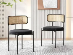 Set Van 2 Fluwelen En Rotan Stoelen - Metalen Poten - Zwart-ModernLuxe Clearance