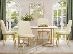 Set Van 4 Fluwelen Gestoffeerde Stoelen Met Rugleuning - Goud Metalen Structuur - Beige-ModernLuxe Hot