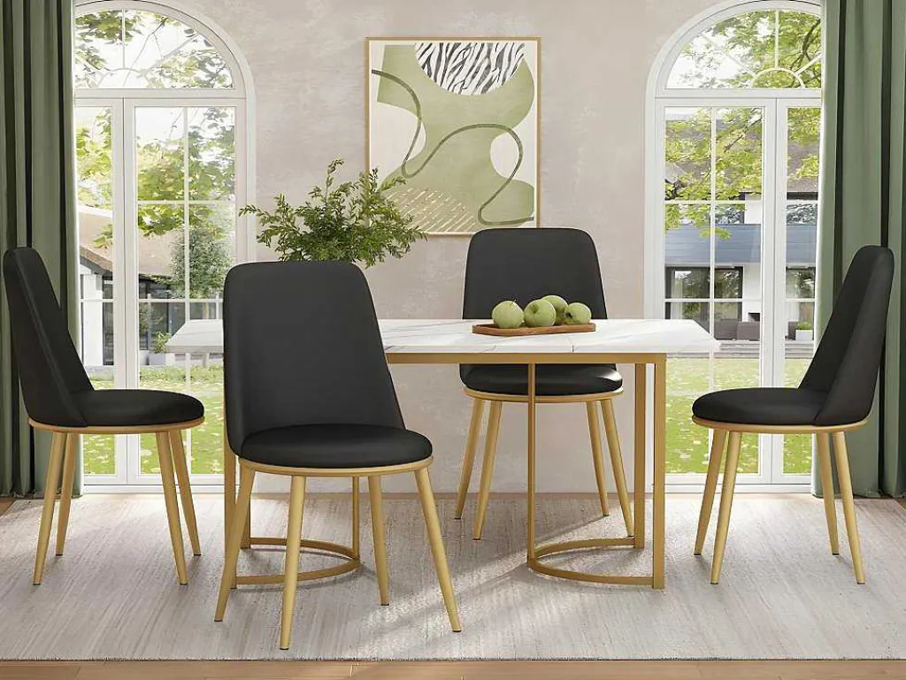 Set Van 4 Fluwelen Gestoffeerde Stoelen Met Rugleuning - Goudkleurige Metalen Structuur - Zwart-ModernLuxe Discount
