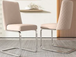 Set Van 2 Fluwelen Sledestoelen - Rugleuning Ruitpatroon - Onderstel Zilverkleurig Metaal - Beige-ModernLuxe Hot