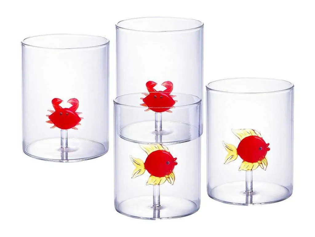 Set Van 4 Glazen Met Diertjes - Transparant En Rood Geblazen Glas - O7,5 Cm X H9,5 Cm - Apuna-OZAIA New