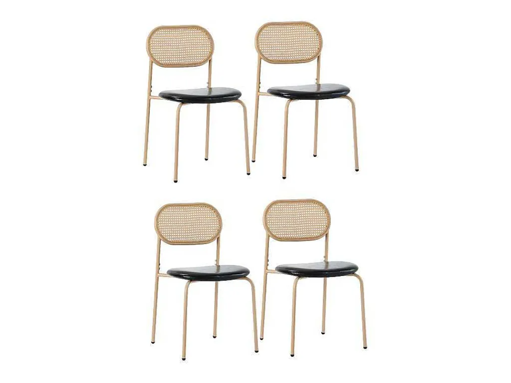 Set Van 4 Kunstleer En Rotan Stoelen - Metalen Poten - Zwart-ModernLuxe Sale