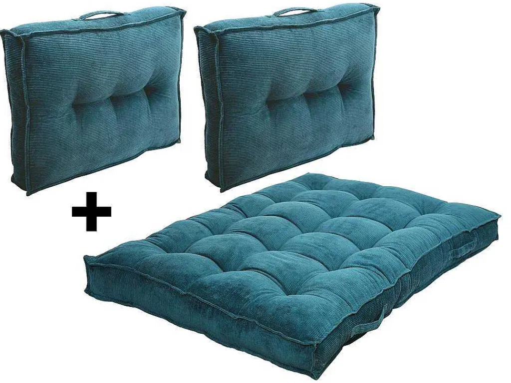 Set Van 1 Matras + 2 Palletkussens Van Ribfluweel - Blauw - Baila-OZAIA Clearance
