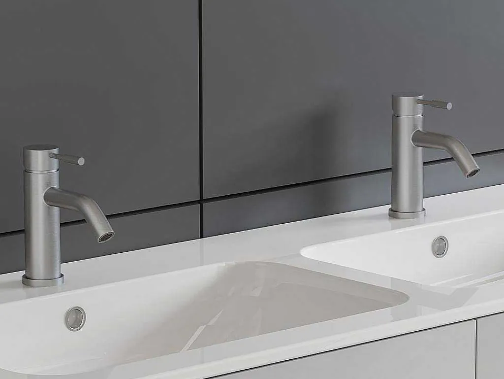 Set Van 2 Mechanische Mengkranen Met Ronde Vorm Van Roestvrij Staal - Geborsteld Nikkelkleurig - H17 Cm - Salavan-Shower & Design