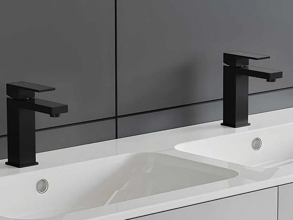 Set Van 2 Mechanische Mengkranen Met Vierkante Vorm Van Geborsteld Roestvrij Staal - Mat Zwart - H17,3 Cm - Canilas-Shower & Design New