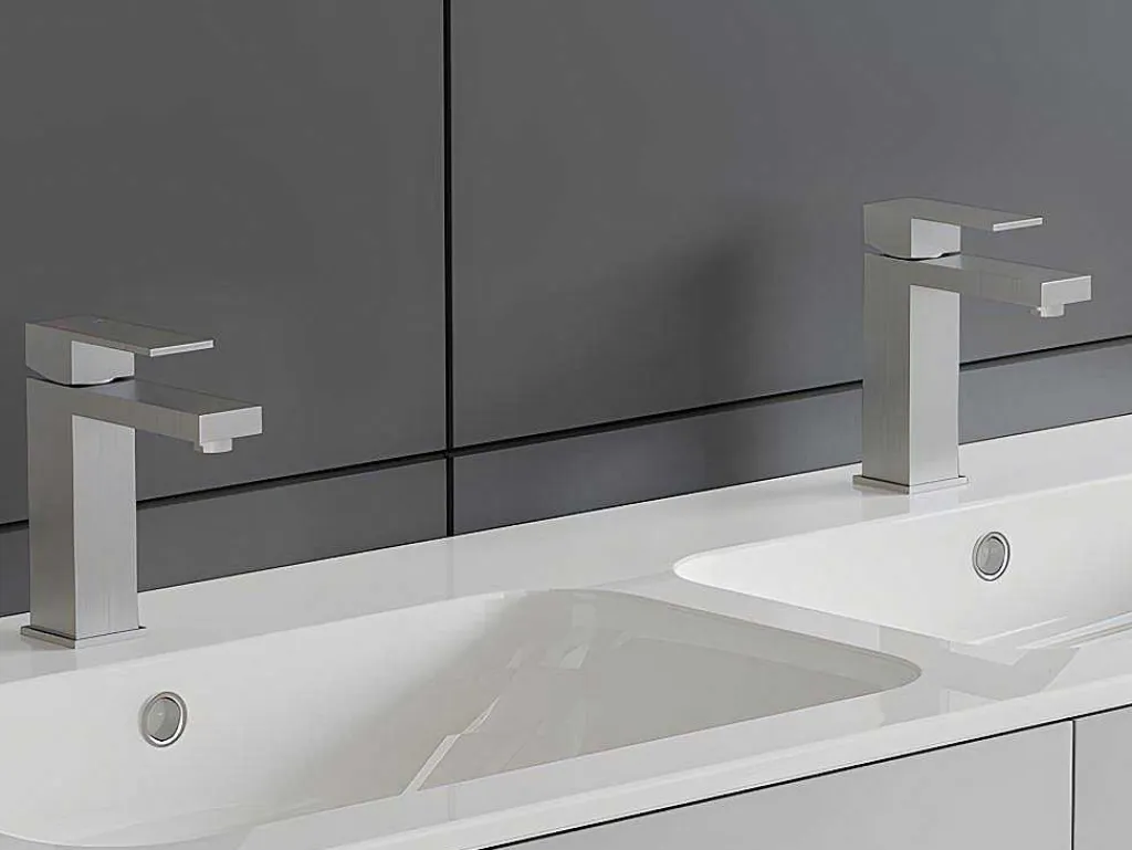 Set Van 2 Mechanische Mengkranen Met Vierkante Vorm Van Roestvrij Staal - Geborsteld Nikkelkleurig - H17,3 Cm - Canilas-Shower & Design Hot