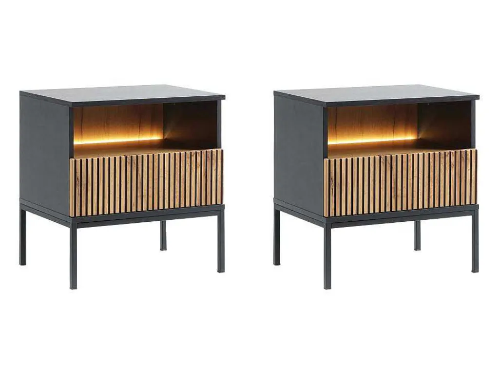 Set Van 2 Nachtkastje 1 Lade En 1 Nis - Met Ledverlichting - Zwart En Naturel - Ovila-Vente-unique