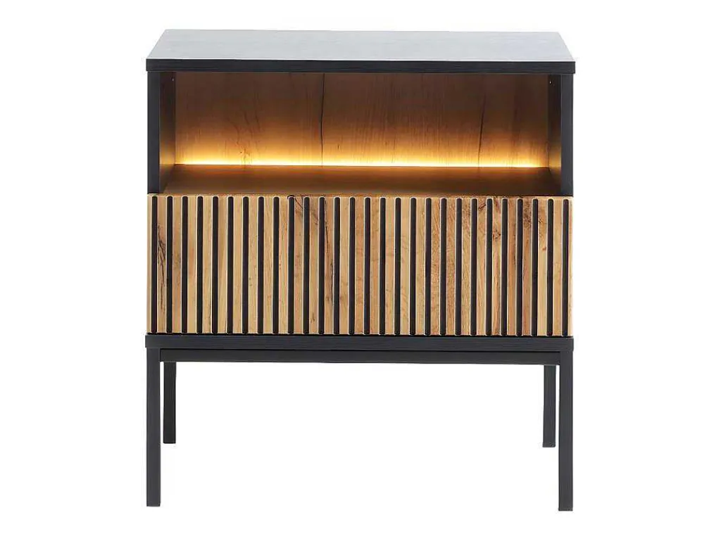 Set Van 2 Nachtkastje 1 Lade En 1 Nis - Met Ledverlichting - Zwart En Naturel - Ovila-Vente-unique
