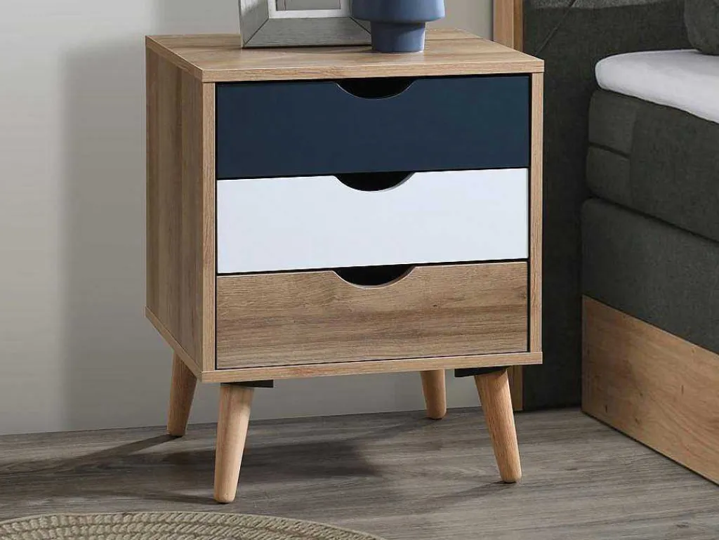 Set Van 2 Nachtkastjes 3 Lades - Kleur: Naturel, Wit En Marineblauw - Lurvia-Vente-unique Discount