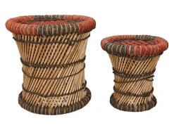 Set Van 2 Ronde Poefs Van Licht Naturelkleurig En Rood Rotan Mirtaka-Vente-unique Online