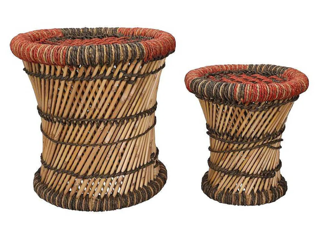 Set Van 2 Ronde Poefs Van Licht Naturelkleurig En Rood Rotan Mirtaka-Vente-unique Online