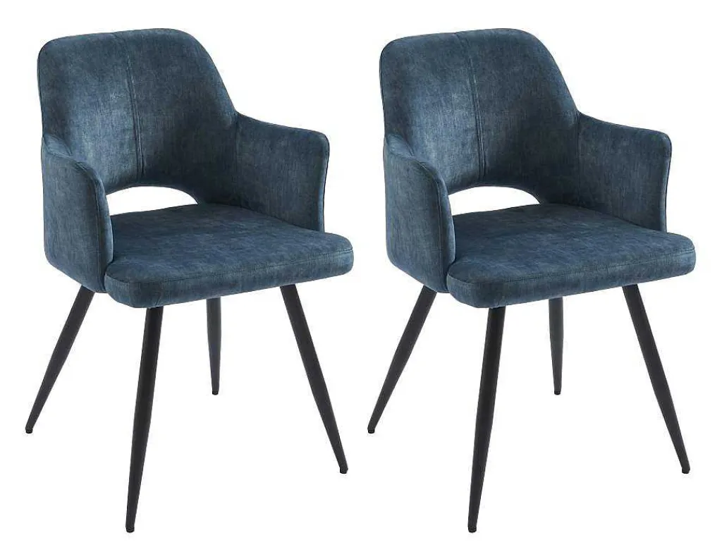 Set Van 2 Stoelen Met Armleuningen Van Stof En Zwart Metaal - Blauw - Kadija-Vente-unique New