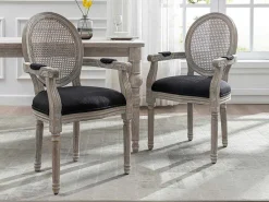 Set Van 2 Stoelen Met Armleuningen - Riet, Stof En Heveahout - Zwart - Antoinette-Vente-unique Discount