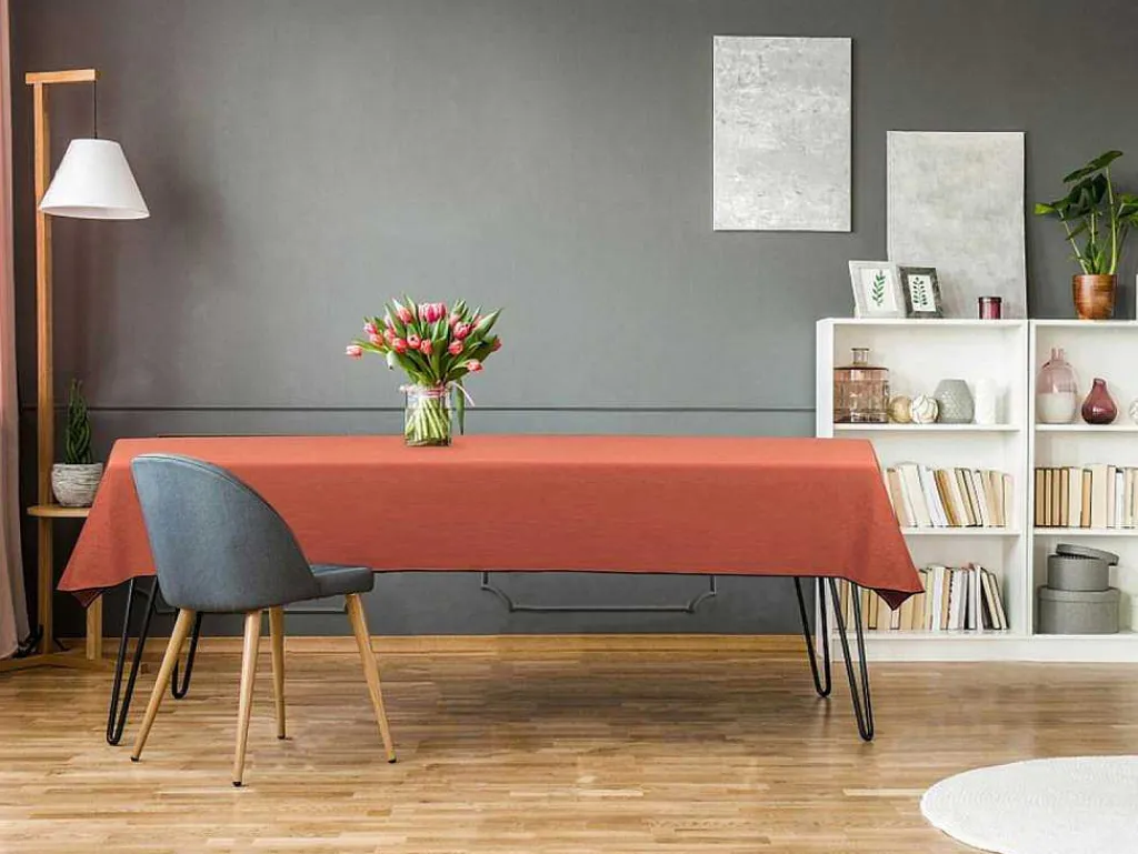 Set Van Tafellaken + 4 Servetten Van Linnen En Katoen - Zwarte Rand - Terracotta - 170 X 250 Cm - Borina-OZAIA Hot
