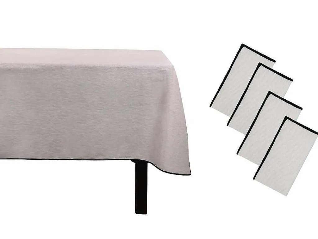 Set Van Tafellaken + 4 Servetten Van Linnen En Katoen - Zwarte Rand - Taupegrijs - 170 X 250 Cm - Borina-OZAIA New