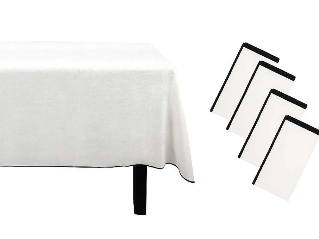 Set Van Tafellaken + 4 Servetten Van Linnen En Katoen - Zwarte Rand - Wit- 170 X 250 Cm - Borina-OZAIA Online