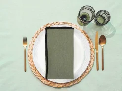 Set Van Tafellaken + 4 Servetten Van Linnen En Katoen - Zwarte Rand - Kaki - 170 X 300 Cm - Borina-OZAIA