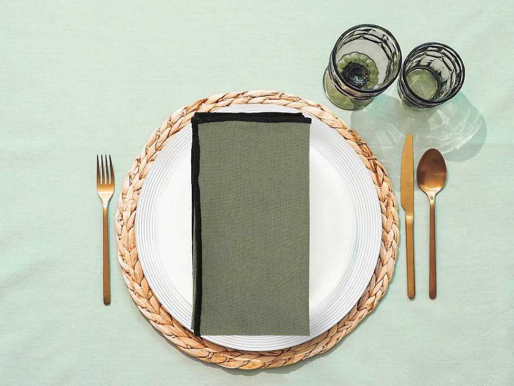 Set Van Tafellaken + 4 Servetten Van Linnen En Katoen - Zwarte Rand - Kaki - 170 X 300 Cm - Borina-OZAIA