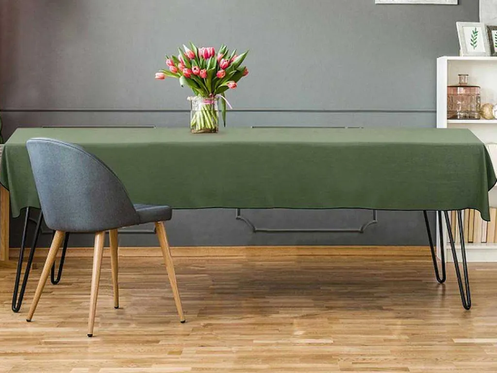Set Van Tafellaken + 4 Servetten Van Linnen En Katoen - Zwarte Rand - Kaki - 170 X 300 Cm - Borina-OZAIA