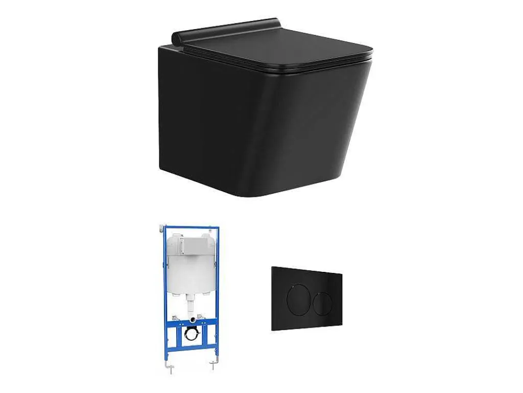 Set Voor Hang-Wc Van Mat Zwart Keramiek Met Optie Voorwandsysteem En Ronde Bedieningsplaat - Clemona-Vente-unique Discount