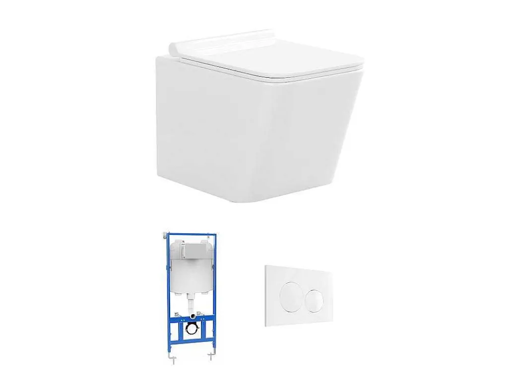 Set Voor Witte Hang-Wc Met Voorwandsysteem En Witte Ronde Bedieningsplaat - Clemona-Vente-unique New