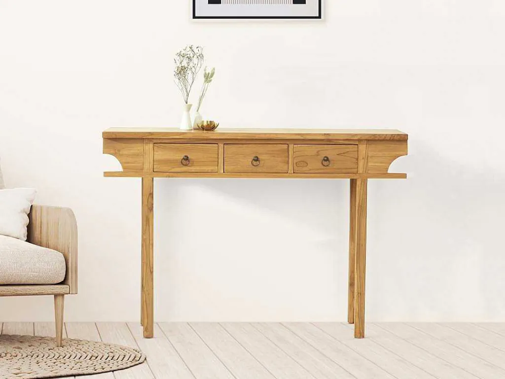 Sidetable Met 3 Lades In Teak - Kleur: Houtlook - Wekea-Vente-unique Discount