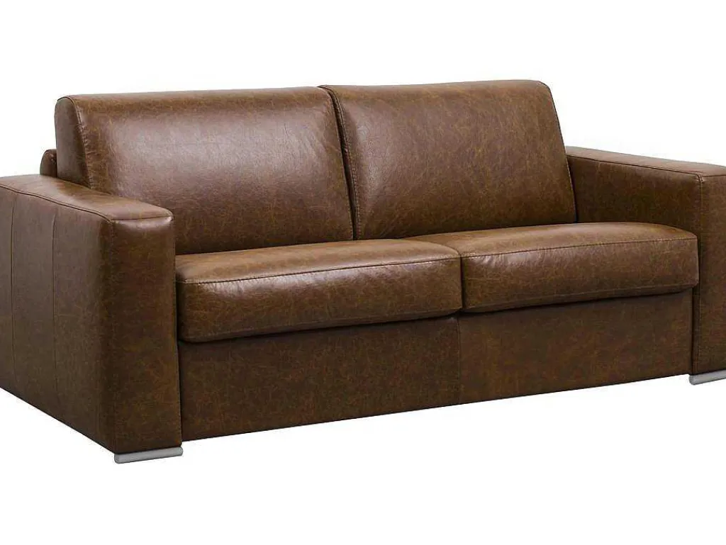 Snel Omgebouwde Slaapbank Met 3 Zitplaatsen In 100% Vintage Karamel Buffelleer En Een Matras Van 18 Cm Delectea Ii-LINEA SOFA New