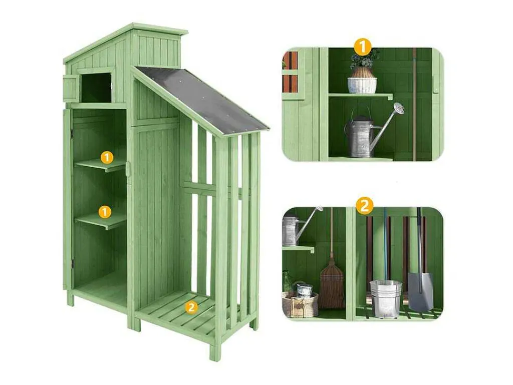 Sparrenhouten Tuinhuis - Gereedschapsschuur Met 2 Geintegreerde Planken - H 173 Cm - Waterdicht Pvc Dak - Groen-ModernLuxe Discount