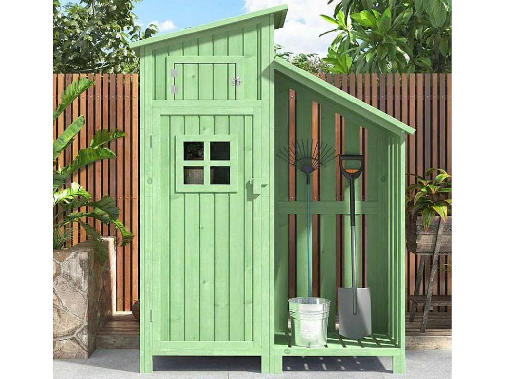 Sparrenhouten Tuinhuis - Gereedschapsschuur Met 2 Geintegreerde Planken - H 173 Cm - Waterdicht Pvc Dak - Groen-ModernLuxe Discount