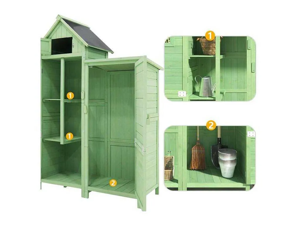 Sparrenhouten Tuinhuis - Gereedschapsschuur Met 2 Geintegreerde Planken - H 173 Cm - Waterdicht Pvc Dak - Groen-ModernLuxe
