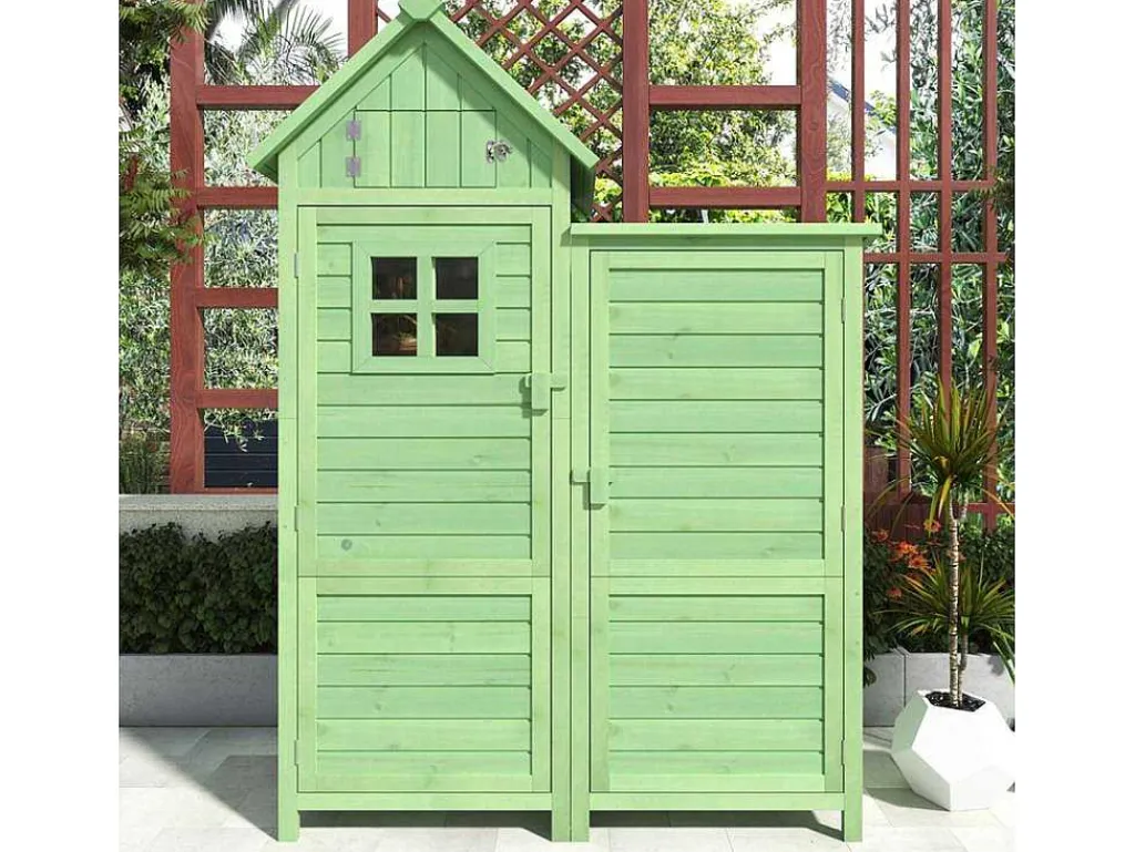 Sparrenhouten Tuinhuis - Gereedschapsschuur Met 2 Geintegreerde Planken - H 173 Cm - Waterdicht Pvc Dak - Groen-ModernLuxe